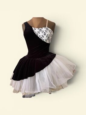 🖤 Luxury Asymmetrical Black Velvet Ballet Tulle  with Arm Puffs  & Rhinestones